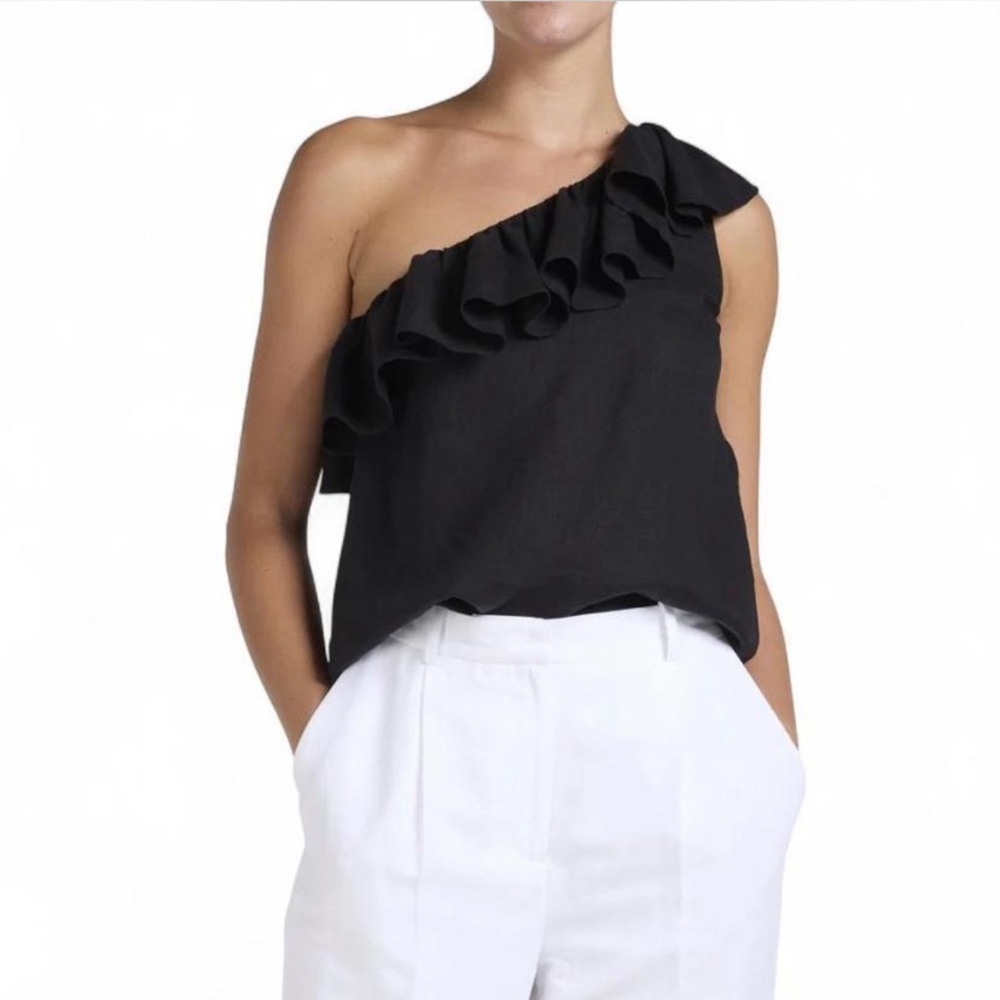 Ted Baker Black Linen Ruffled Off-Shoulder Blouse (new with tags)